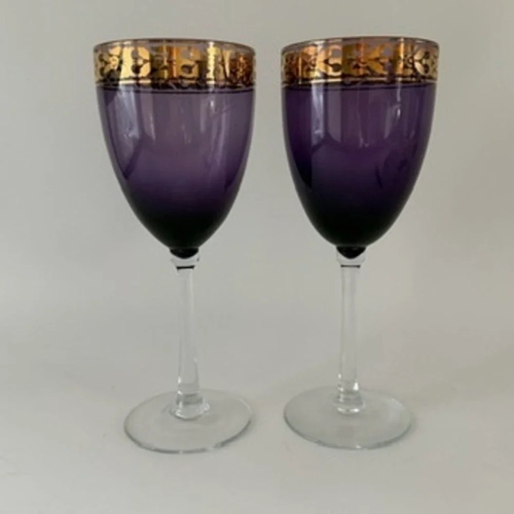 Pier 1 Vintage Amethyst Purple Wine Glasses with Gold Encrusted Rim Set‎ of 2